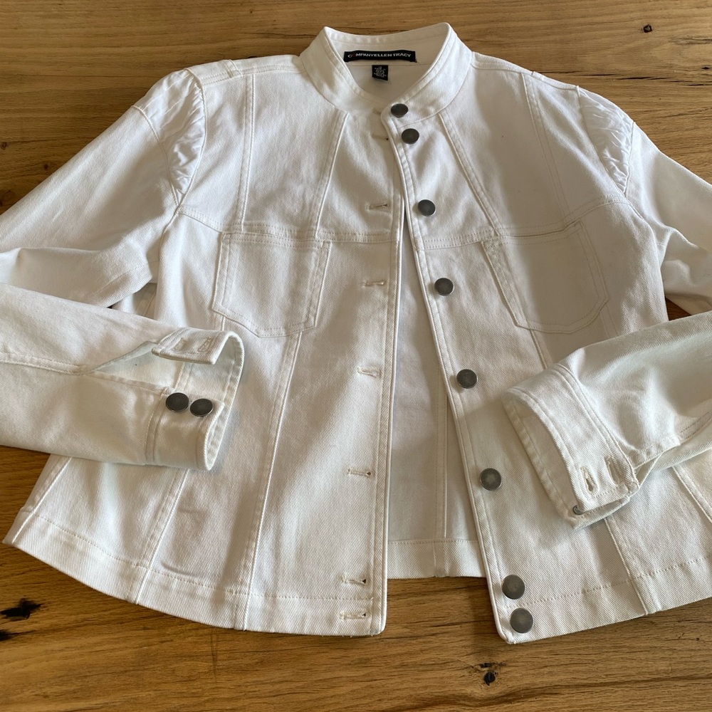 Ellen Tracy White Collarless Jean Jacket